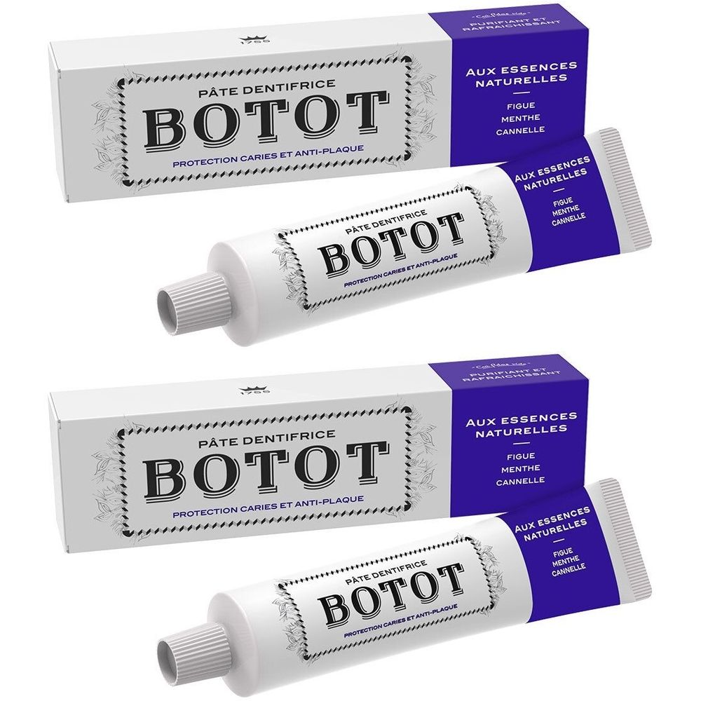 Deux tubes et boîtes de dentifrice BOTOT à la figue, menthe et cannelle.