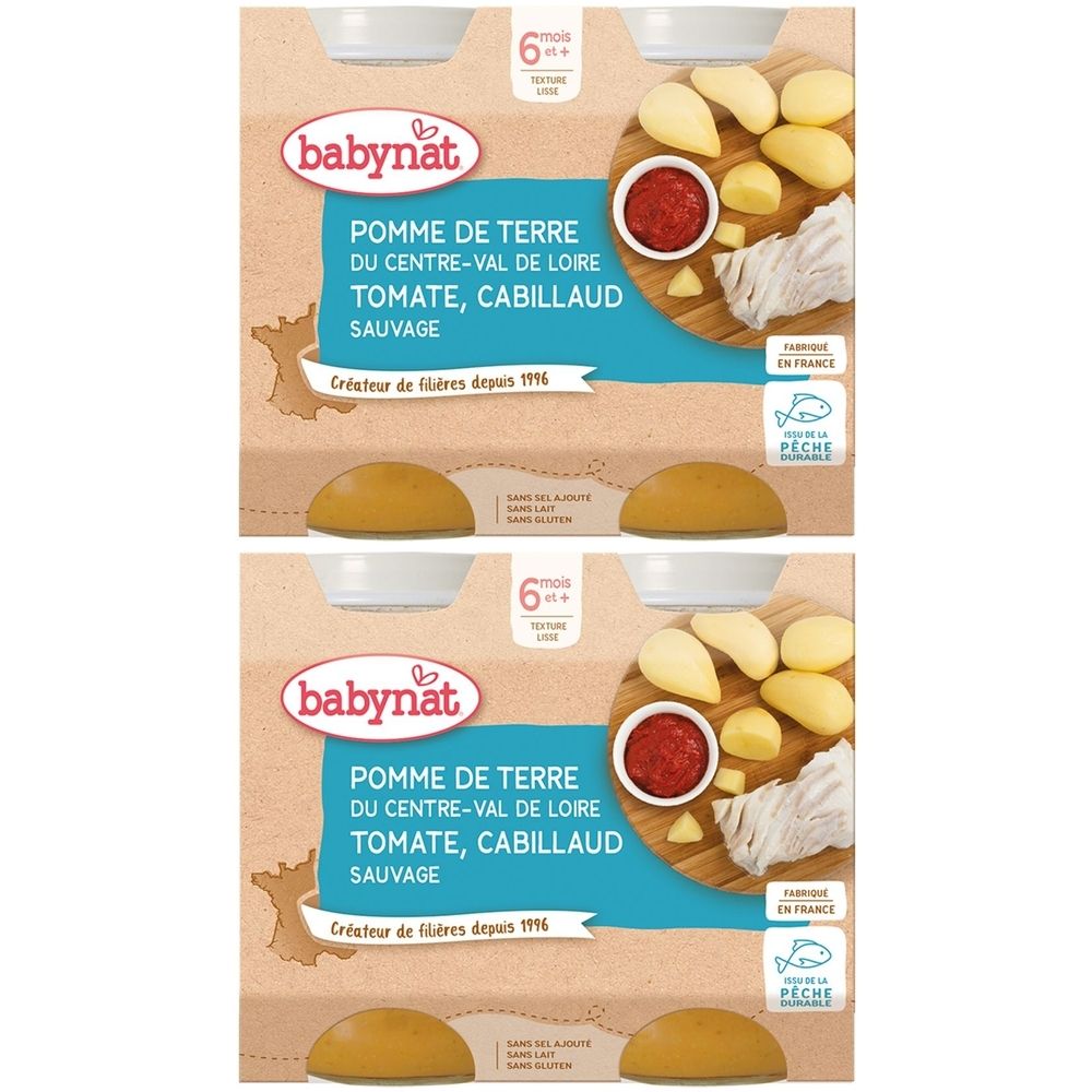 Zwei Packungen Babynat-Babynahrung. Aufschrift: POMME DE TERRE, TOMATE, CABILLAUD. Mit 6+ Monaten. Nachhaltige Fischerei.