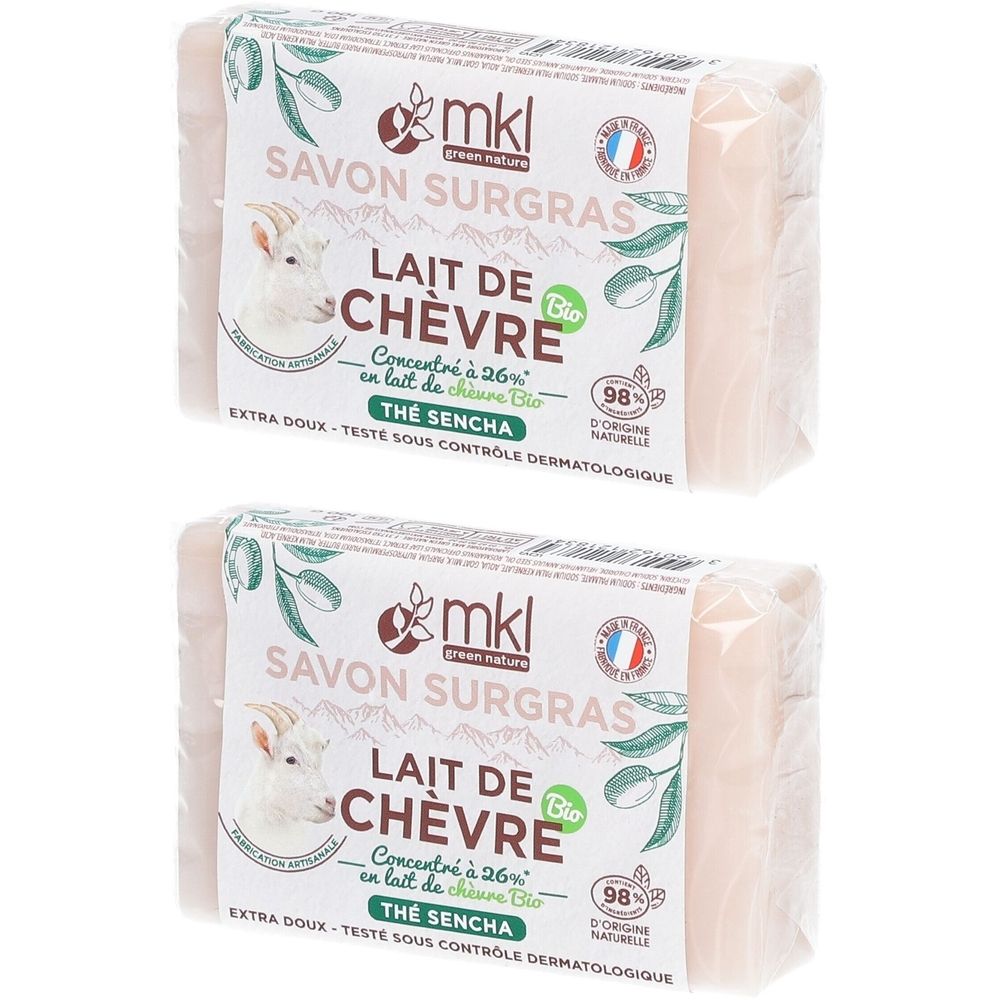 Zwei Seifenstücke in Folie verpackt. Auf der Verpackung: Marke mkl, Ziegenmilch, Thé Sencha, Bio-Siegel, 98% natürliche Inhaltsstoffe.