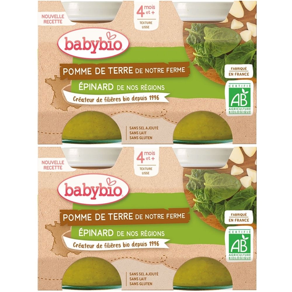 Verpackung mit Babybio-Produkt. Kartoffel, Spinat, ab 4 Monaten. AB-Bio-Zertifizierung. Text: Ohne Salz, Milch, Gluten.