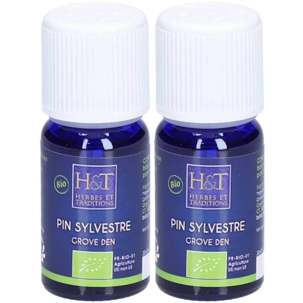 Deux flacons bleus avec bouchons blancs. Étiquettes : "H&T HERBES ET TRADITIONS PIN SYLVESTRE". Label Bio.