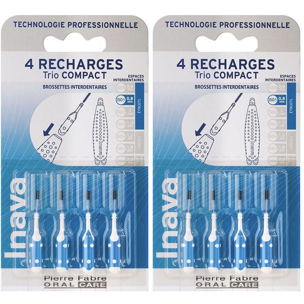Zwei Packungen Inava Trio Compact Nachfüllungen. Jede Packung enthält vier blaue Interdentalbürsten. Aufschrift: 0,8 mm.