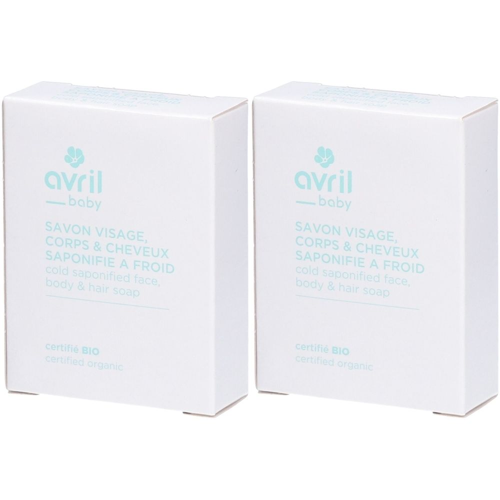 Deux boîtes blanches. Inscription : avril baby, Savon Visage Corps & Cheveux, Saponifie a Froid, certifié Bio.