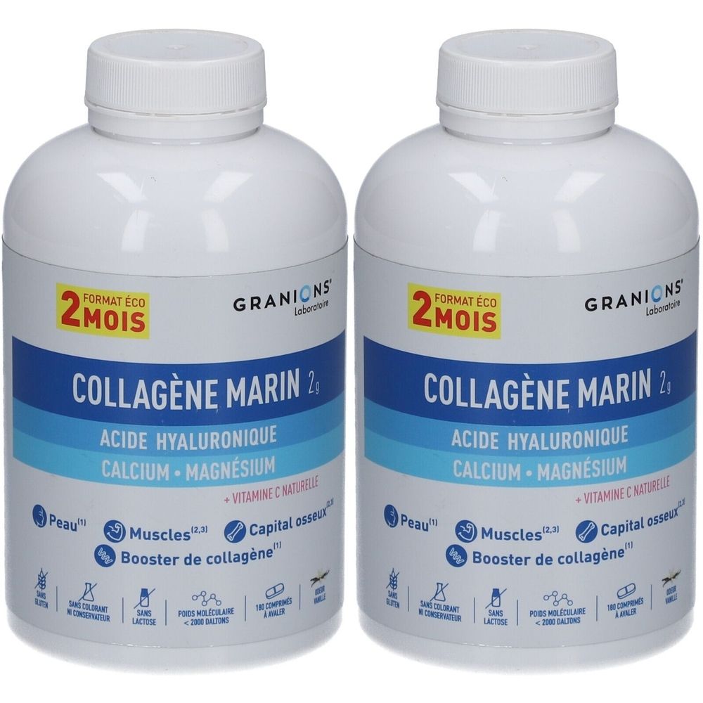 Deux flacons blancs avec étiquettes bleues et blanches. Inscription: Collagène Marin, Acide Hyaluronique, Calcium, Magnésium. Marque: GRANIONS.