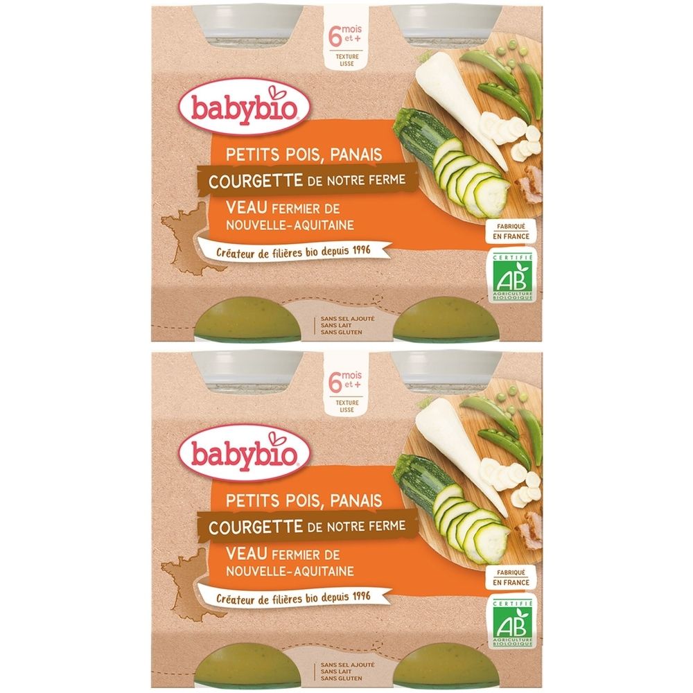 Verpackung mit Babybio-Produkten. Aufschrift: PETITS POIS, PANAIS, COURGETTE DE NOTRE FERME, VEAU FERMIER DE NOUVELLE-AQUITAINE. Bio-Siegel.