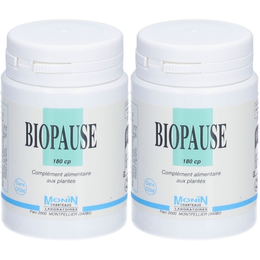 Deux flacons blancs avec l'inscription "BIOPAUSE". Inscription "180 cp" et "Complément alimentaire aux plantes". Marque MONIN CHANTEAUD.