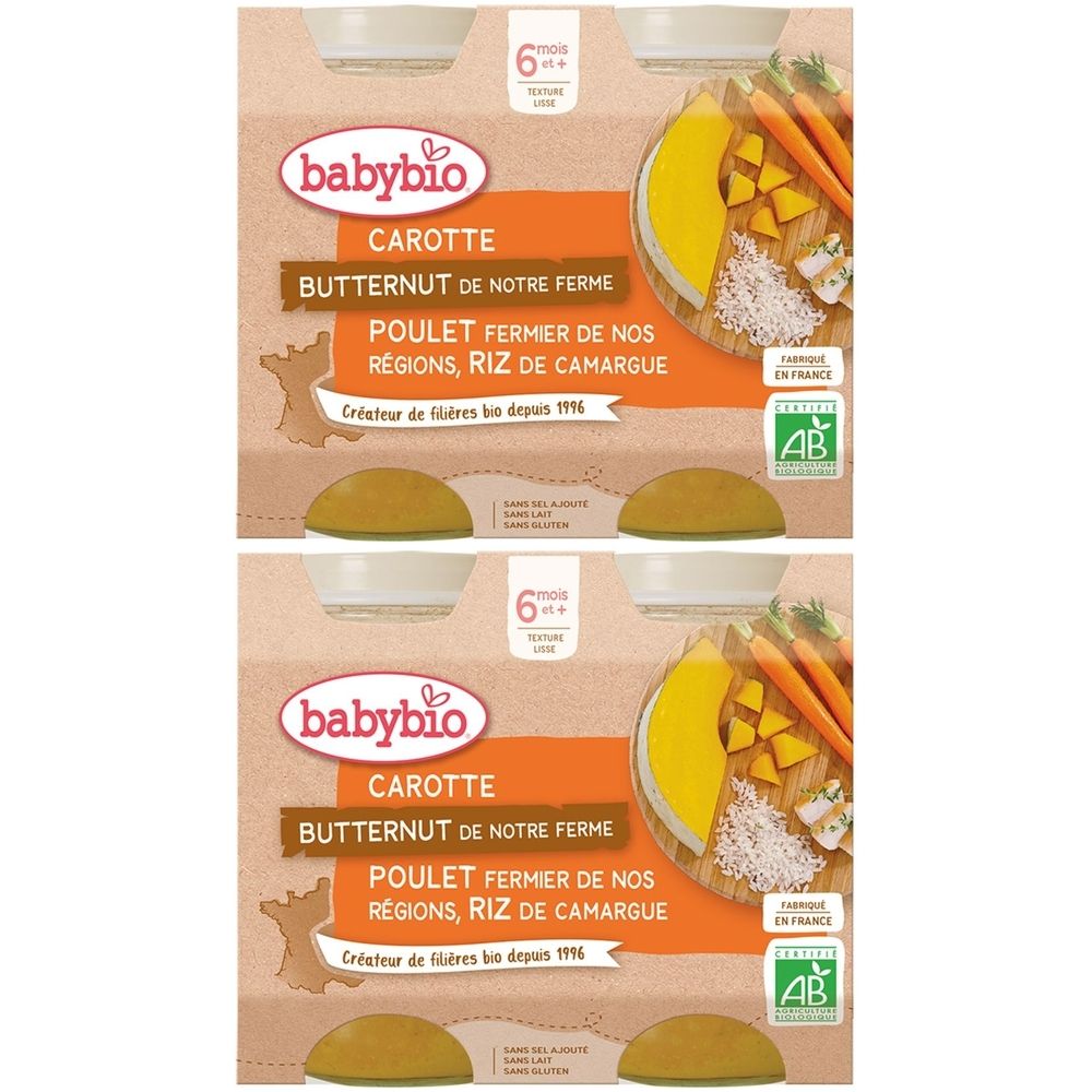 Emballage Babybio. Inscriptions: Carotte, Butternut, Poulet, Riz. Label AB. Pour 6+ mois. Deux unités.