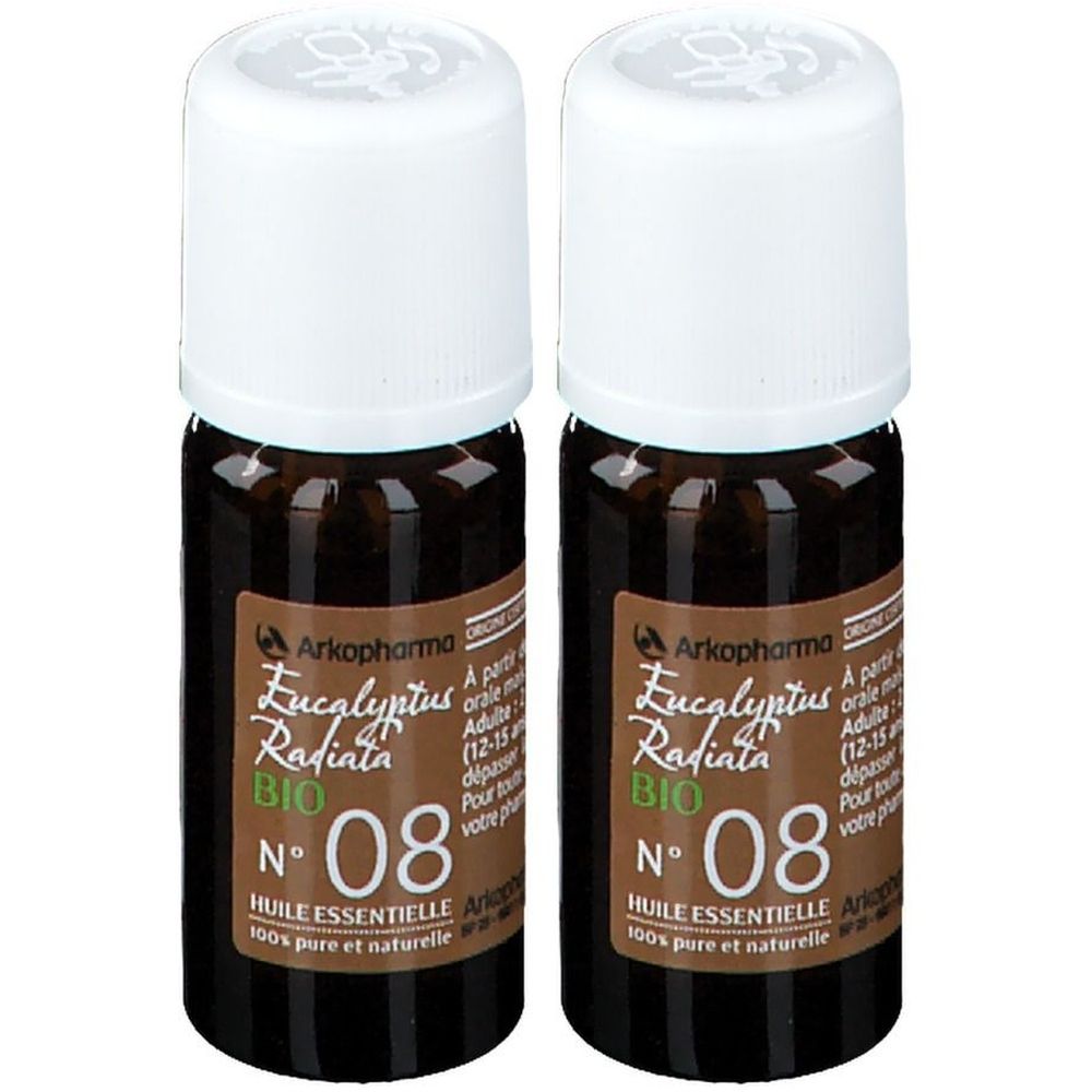 Deux flacons avec bouchon blanc. Étiquette : "Arkopharma Eucalyptus Radiata BIO".