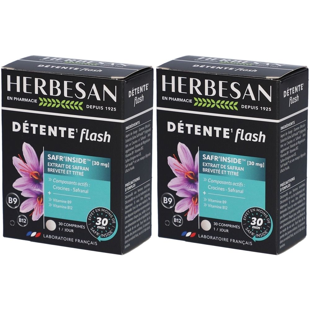 Zwei Schachteln Herbesan Détente Flash. Schwarze Verpackung mit Produktnamen und Safran-Abbildung. Enthält B9 und B12.