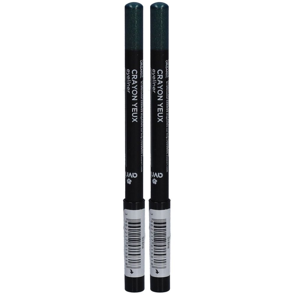 Zwei schwarze Augenstifte mit dunkelgrünen Spitzen. Aufschrift: CRAYON YEUX eyeliner. Mit Barcode.
