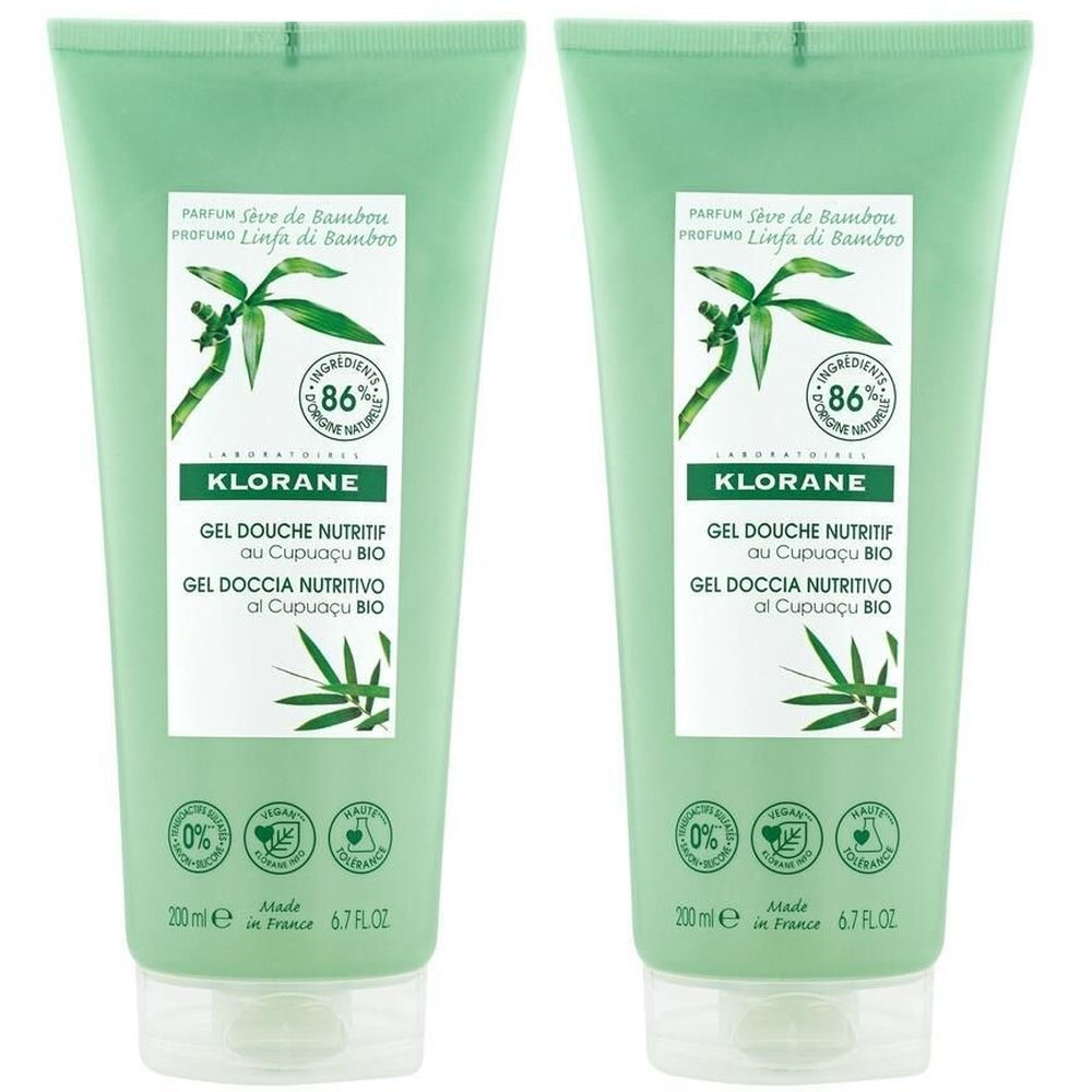 Zwei grüne Tuben Duschgel. Aufschrift: KLORANE, Gel Douche Nutritif, 86% Inhaltsstoffe natürlichen Ursprungs.