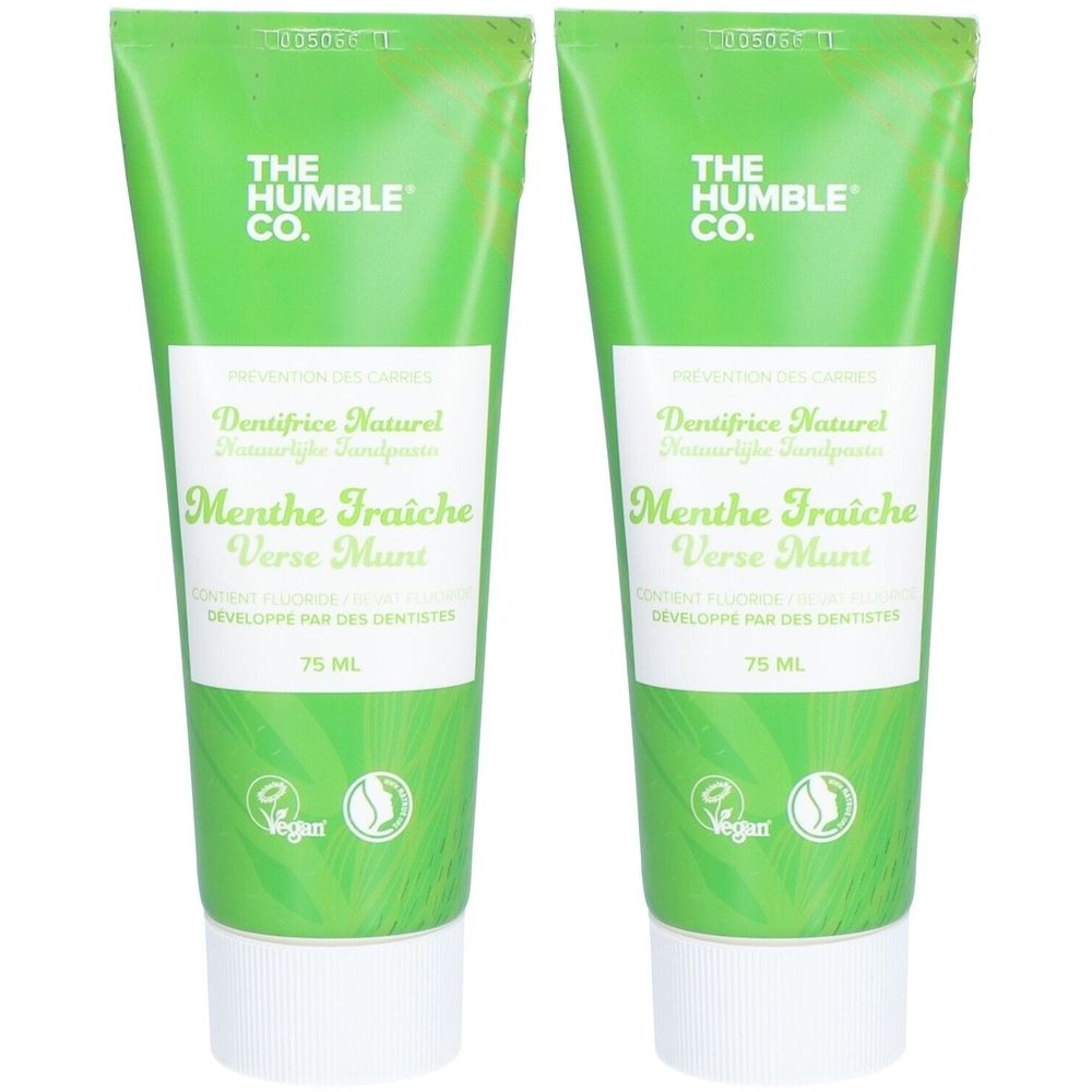 Deux tubes verts de dentifrice THE HUMBLE CO. Menthe Fraîche, 75 ml chacun.