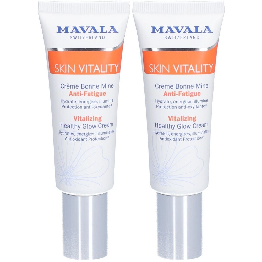 Deux tubes de crème SKIN VITALITY. Fond blanc, bande orange. Inscriptions: Crème Bonne Mine Anti-Fatigue, Vitalizing Healthy Glow Cream.