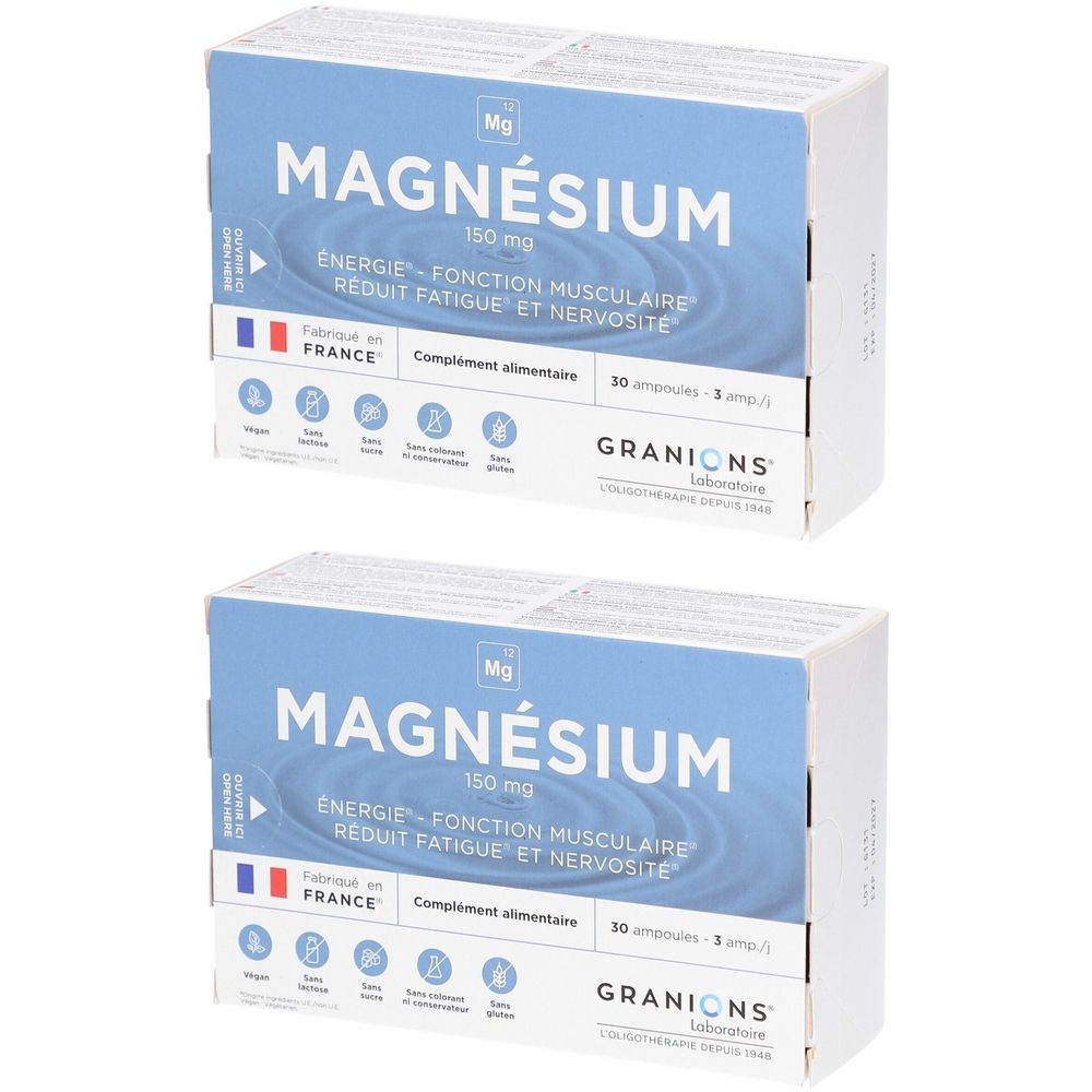 Deux boîtes de Magnésium GRANIONS. Emballage bleu et blanc avec inscription MAGNÉSIUM, 150 mg. Fabriqué en France. Complément alimentaire.