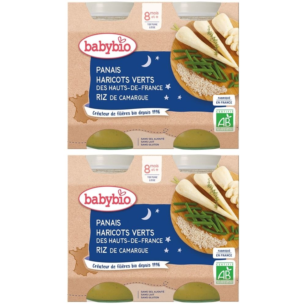 Zwei Packungen Babybio-Babynahrung. Aufschrift: Panais, Haricots Verts, Riz de Camargue. Bio-Zertifizierung.
