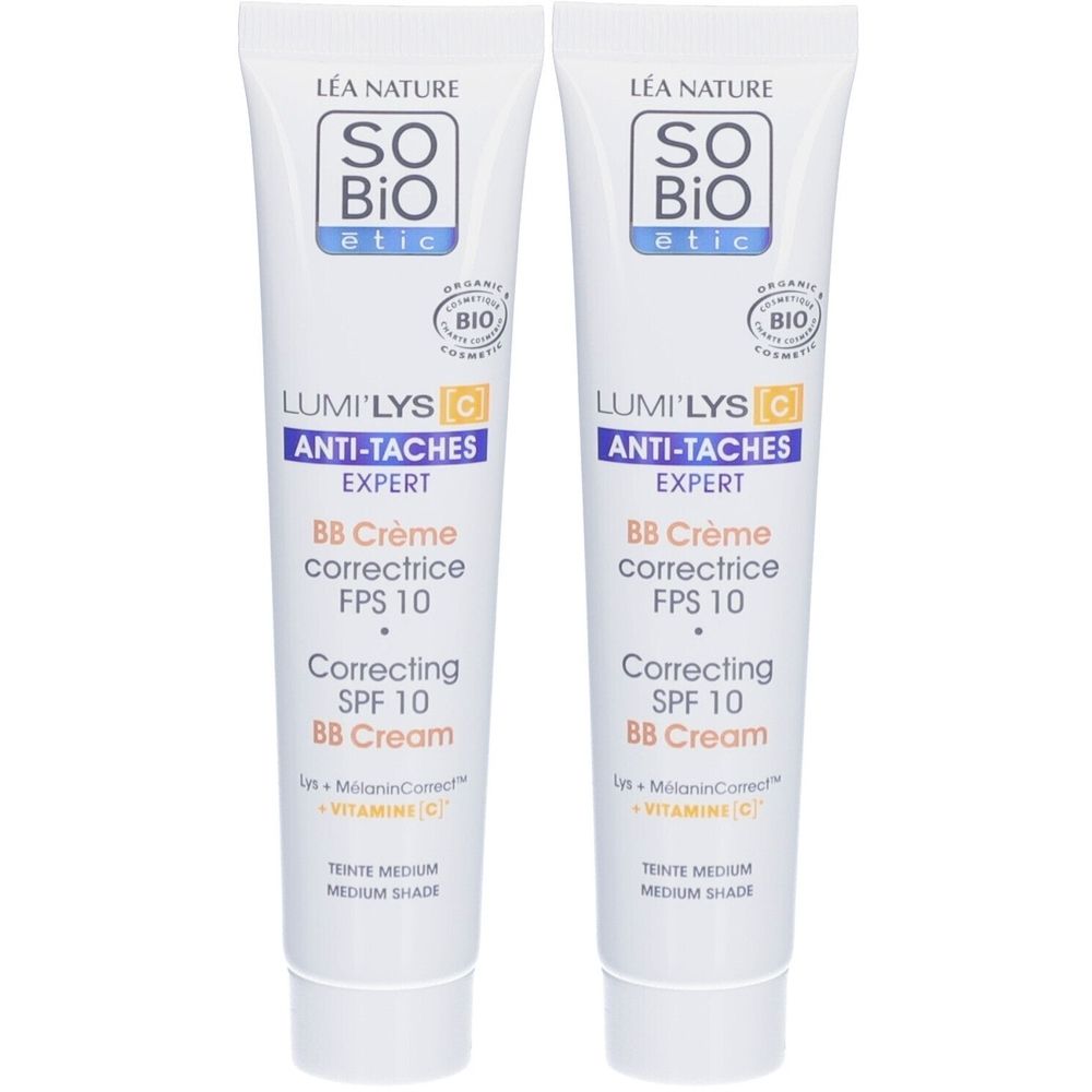 Deux tubes de BB Crème. Inscription: SO BIO etic, Lumi'Lys Anti-Taches Expert, FPS 10. Certification bio.