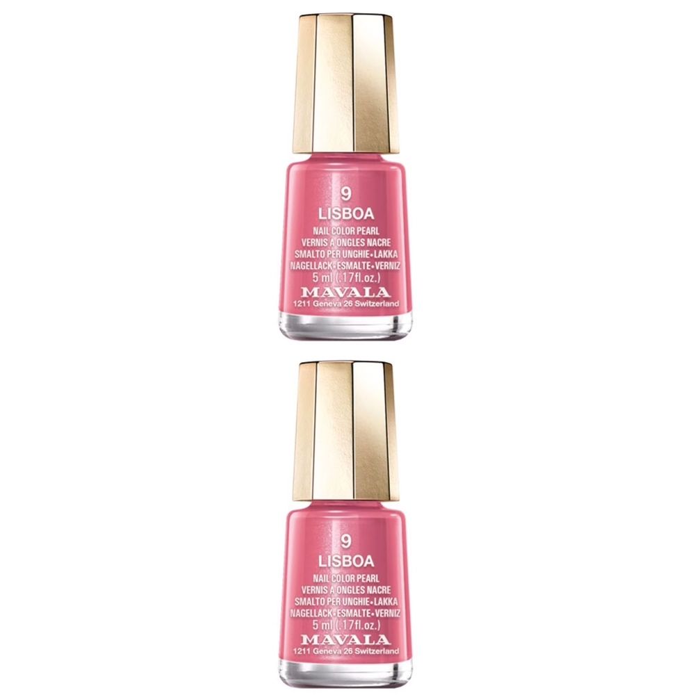 Deux flacons de vernis à ongles roses, bouchon doré. Inscription : Lisboa, Mavala.