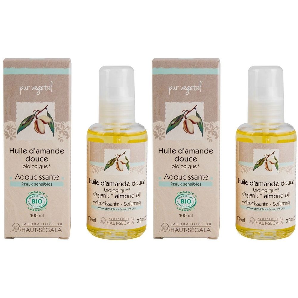 Drei Flaschen Mandelöl mit Kartonverpackung. Aufschrift: Huile d'amande douce biologique, Adoucissante, BIO-Zertifizierung.