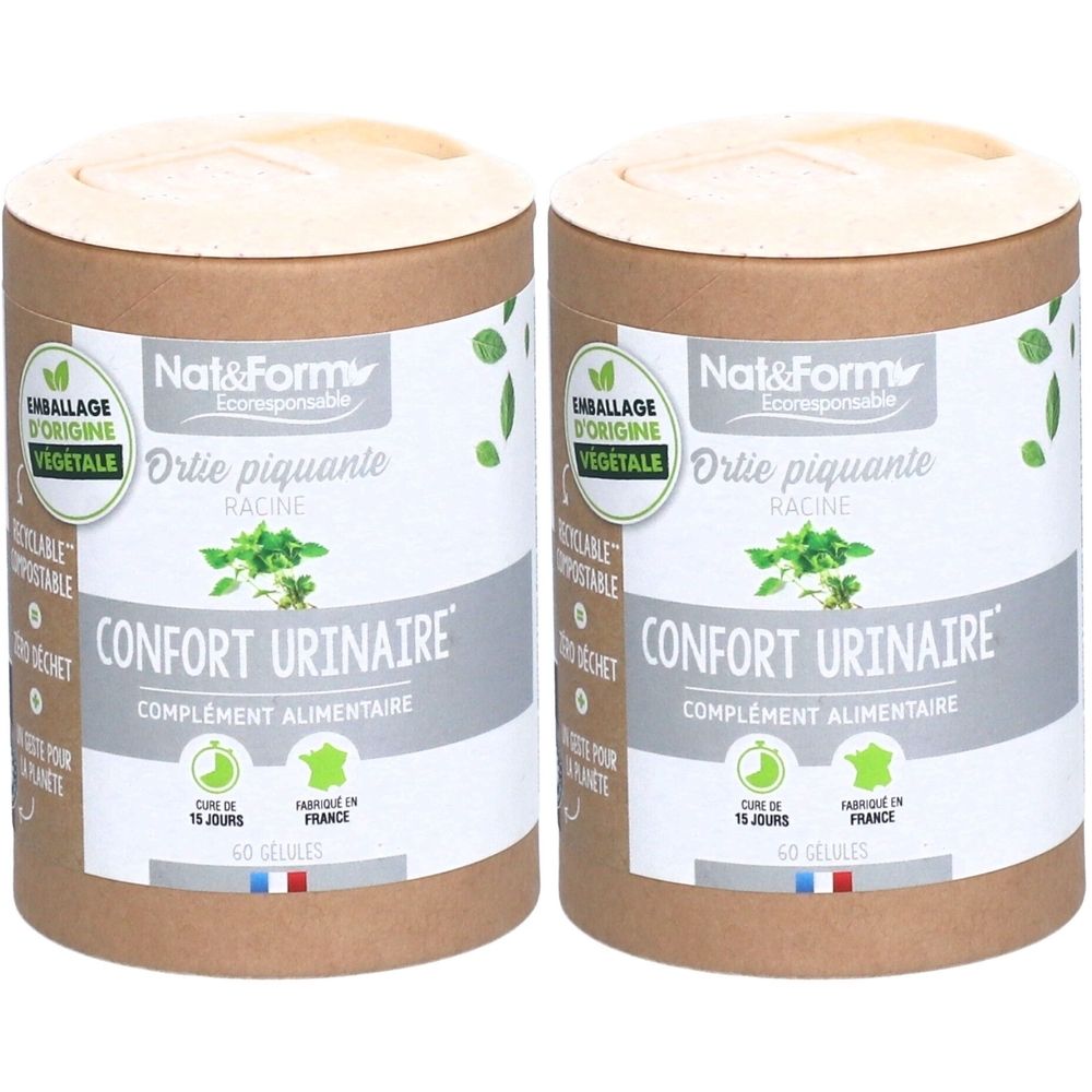 Deux boîtes cylindriques. Inscription: Nat&Form, Ortie piquante, racine, Confort urinaire, complément alimentaire. 40 Gélules. Emballage végétal.