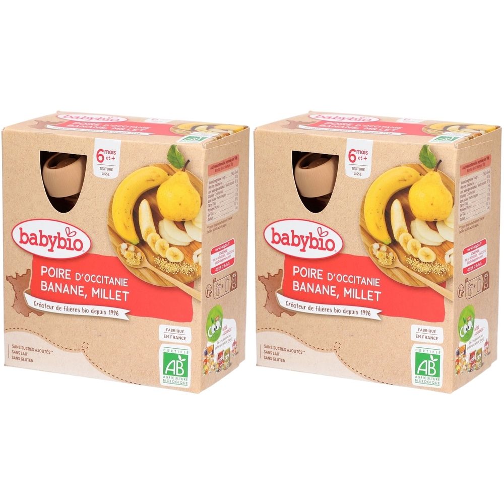 Deux boîtes de nourriture pour bébé Babybio. Inscription : POIRE D'OCCITANIE BANANE, MILLET. Avec label AB bio. Dès 6 mois.