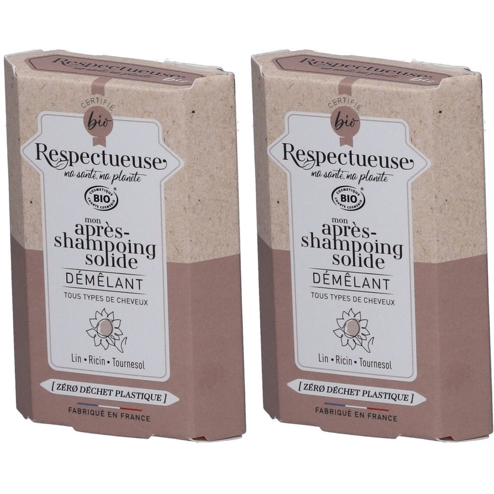 Deux emballages rectangulaires. Inscription Respectueuse, certification bio, après-shampoing solide, Démêlant, tous types de cheveux.