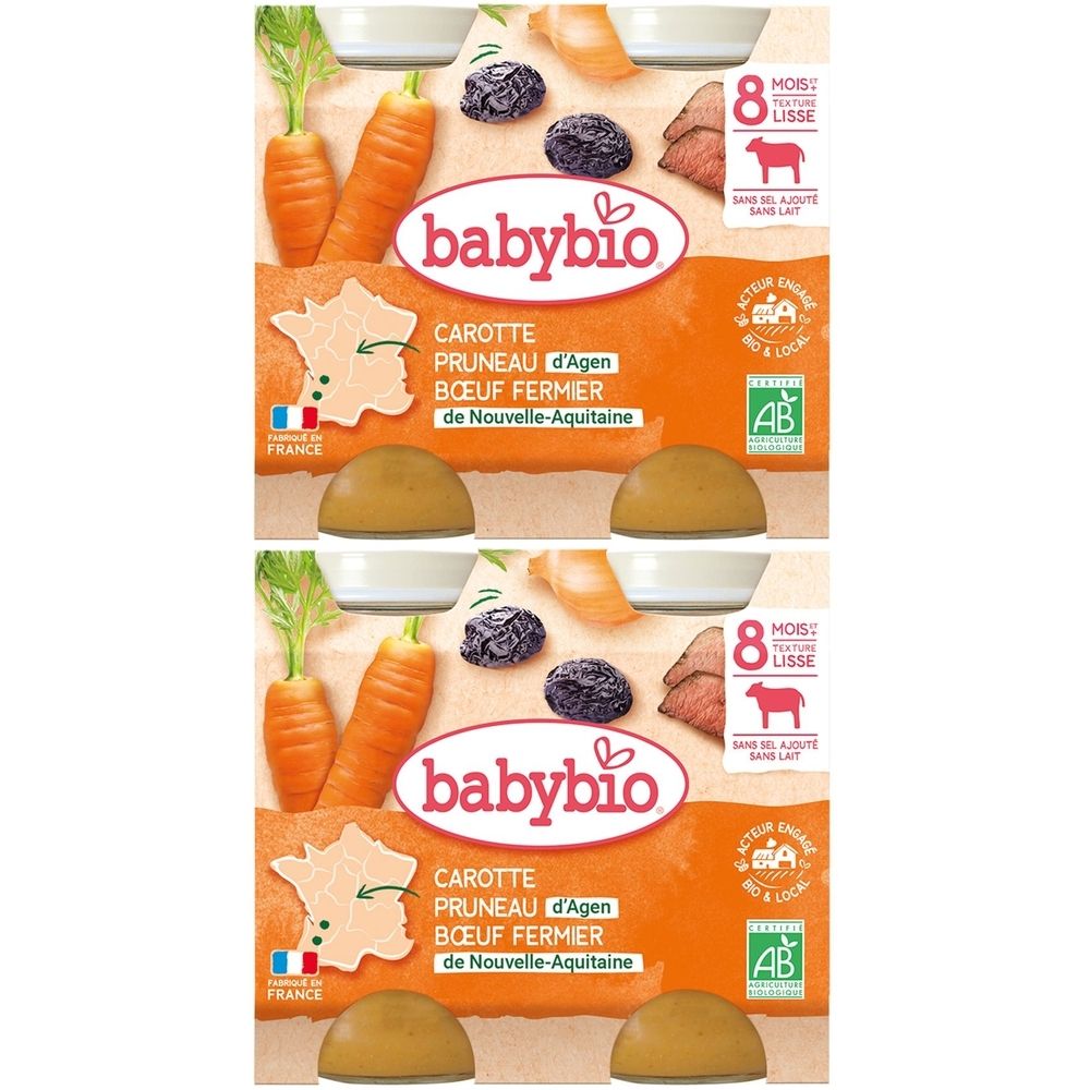 Emballage Babybio. Carotte, pruneau, boeuf. Label AB. Texte: 8 mois, lisse. Fabriqué en France.