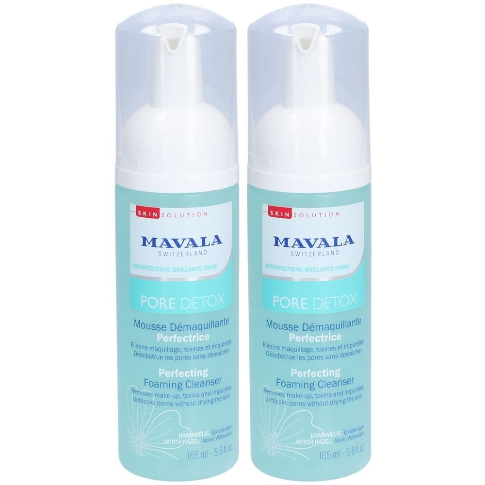 Zwei Flaschen mit weißem Pumpspender. Aufschrift: MAVALA PORE DETOX, Perfecting Foaming Cleanser. Hellblaue Flüssigkeit sichtbar.