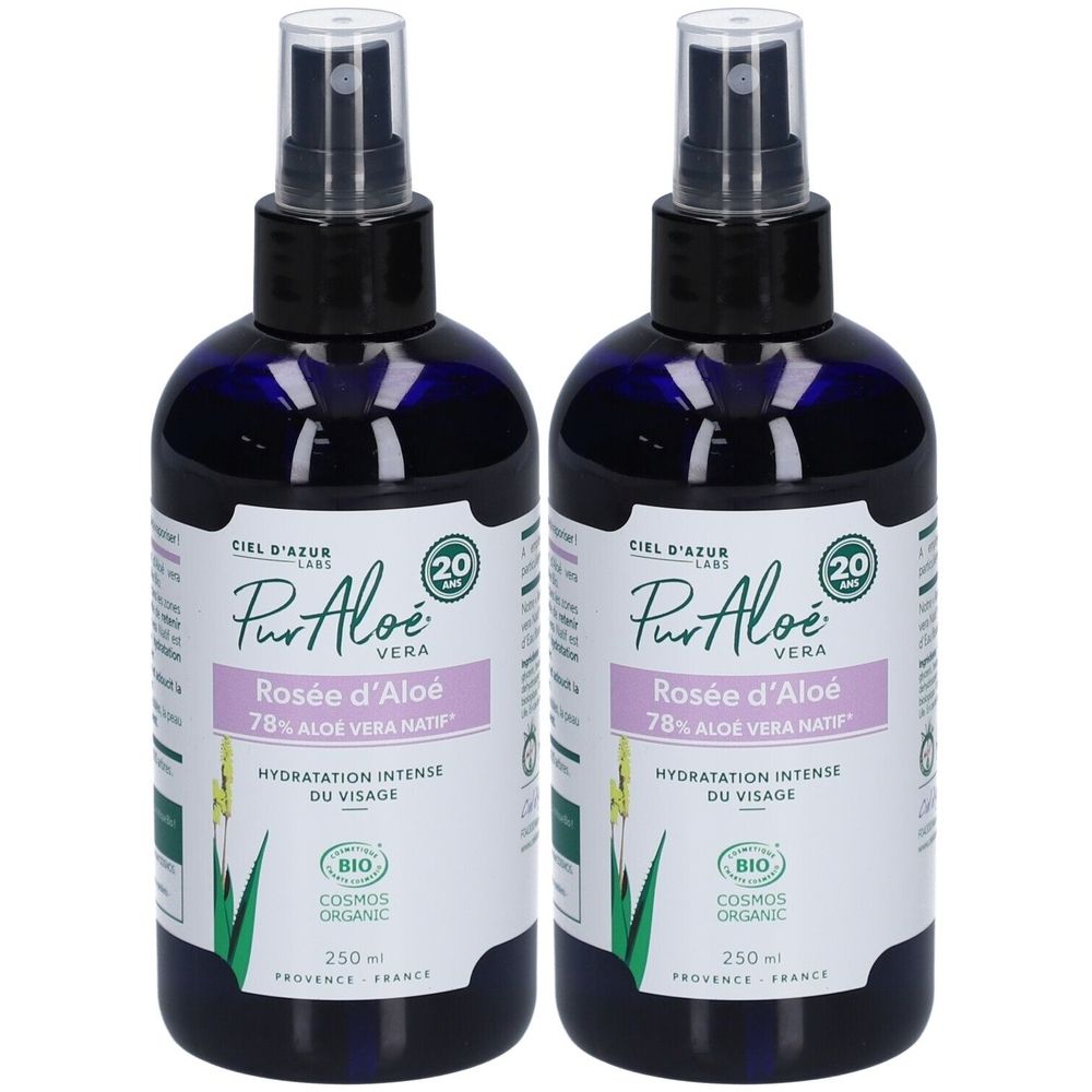 Deux flacons pulvérisateurs. Étiquette "Pur Aloé Vera Rosée d'Aloé". Certification bio. 250 ml.