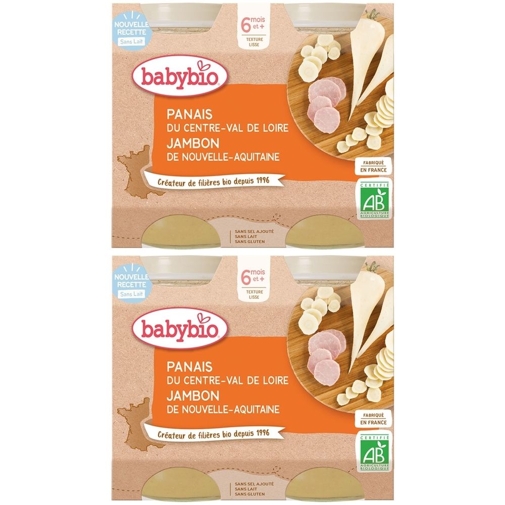 Zwei Packungen Babybio-Babynahrung. Aufschrift: Panais, Jambon, ab 6 Monaten. Bio-Siegel. Abgebildet sind Pastinaken, Schinken und Gemüse.