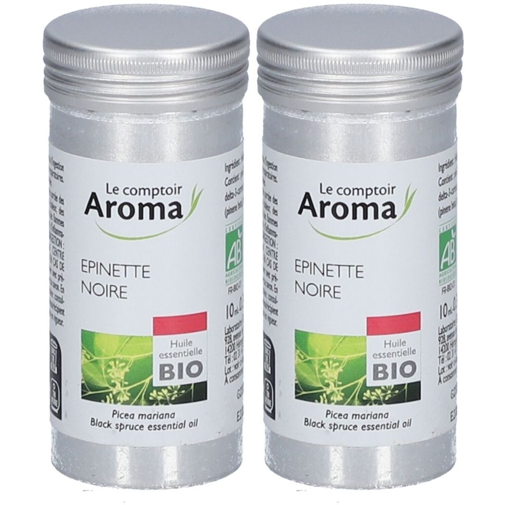 Zwei silberfarbene Behälter mit Schraubverschluss. Etikett mit Text: Épinette Noire, Bio-Zertifizierung und Logo.