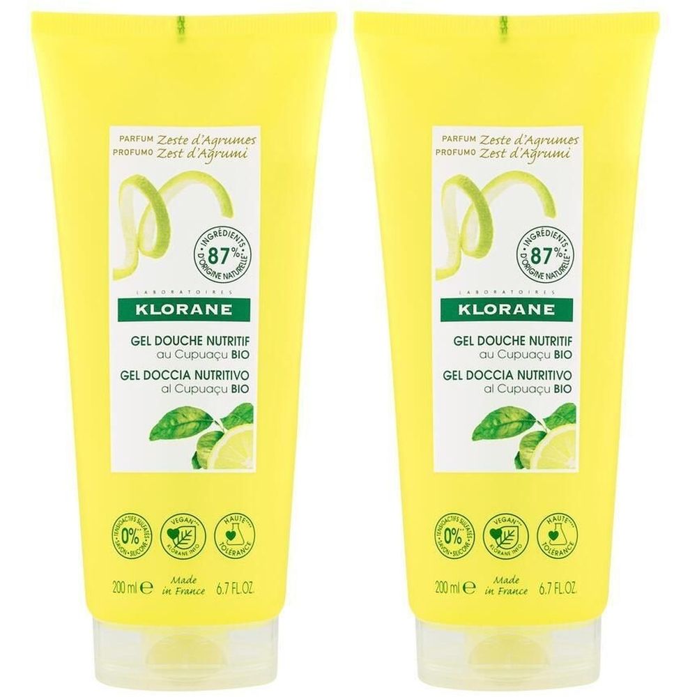 Zwei gelbe Tuben Duschgel. Aufschrift: KLORANE, GEL DOUCHE NUTRITIF, Zeste d'Agrumes. Mit Bio-Zertifizierung und 87% natürlichen Inhaltsstoffen.