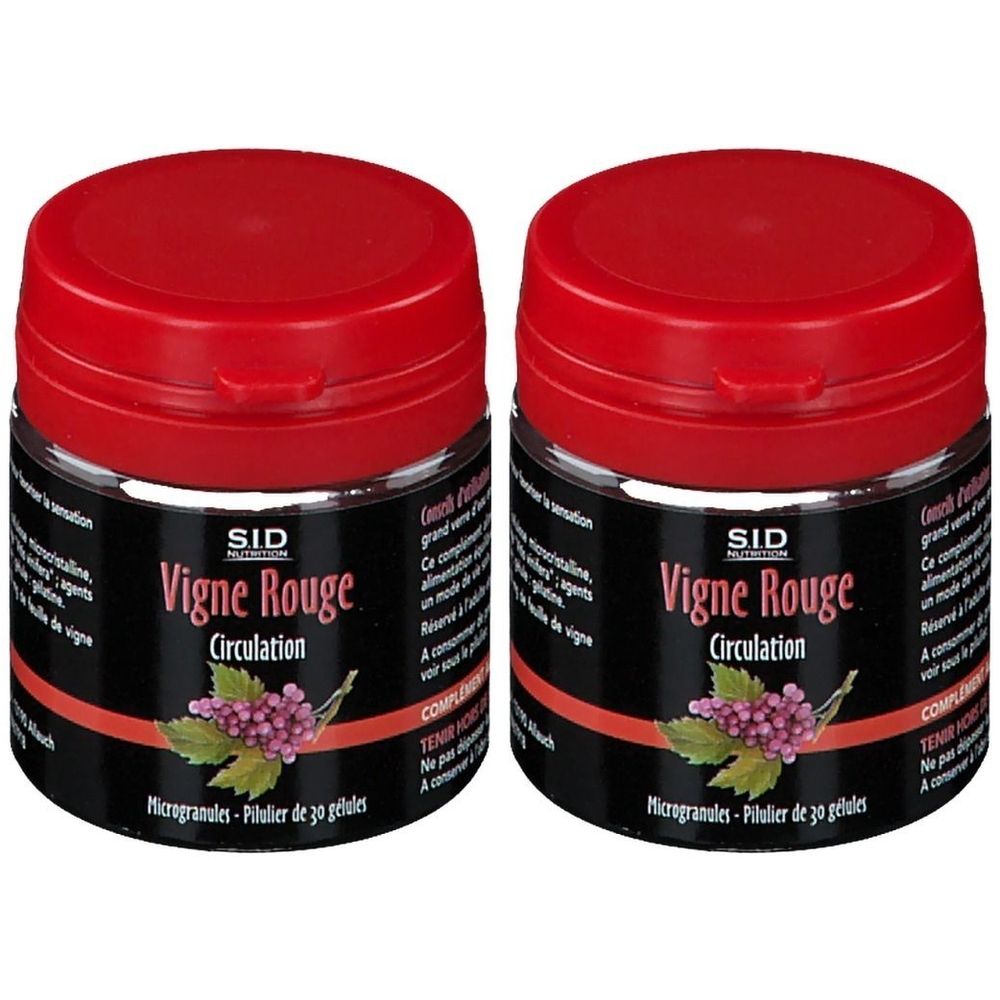 Zwei rote Behälter mit schwarzem Etikett. Aufschrift: SID Nutrition Vigne Rouge Circulation. Abbildung von Trauben. Microgranules - Pilulier de 30 gélules.