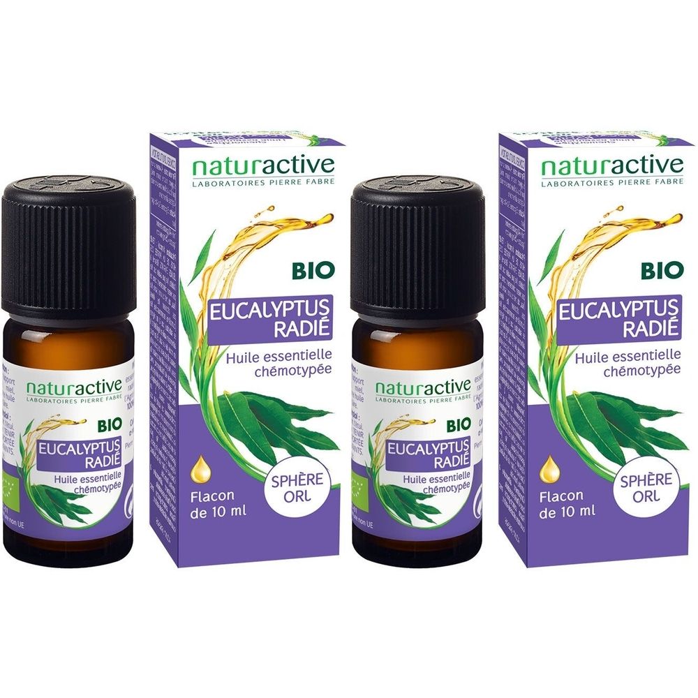 Trois flacons et emballages d'Eucalyptus radié BIO naturactive. Flacons en verre brun, bouchon noir, emballage violet.