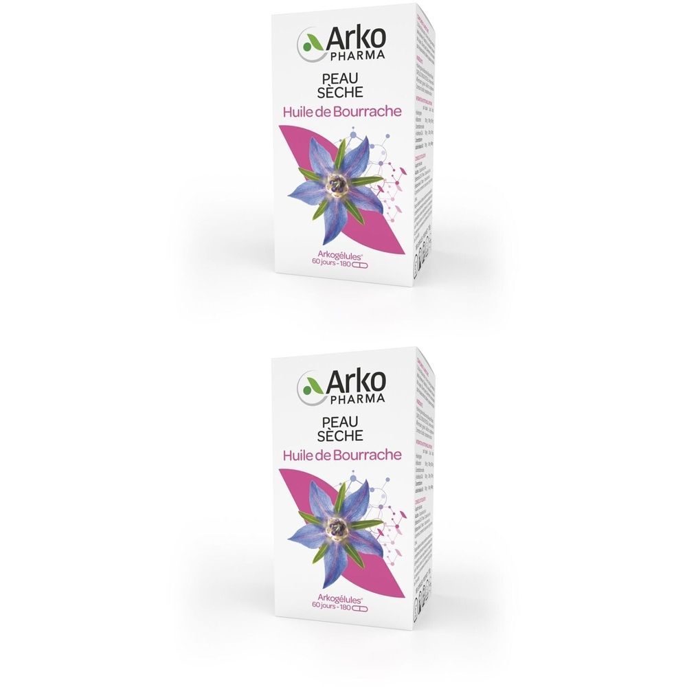 Zwei weiße Kartons mit Produktinformationen. Logo von Arko Pharma, Text: PEAU SECHE, Huile de Bourrache, Abbildung einer Blume.