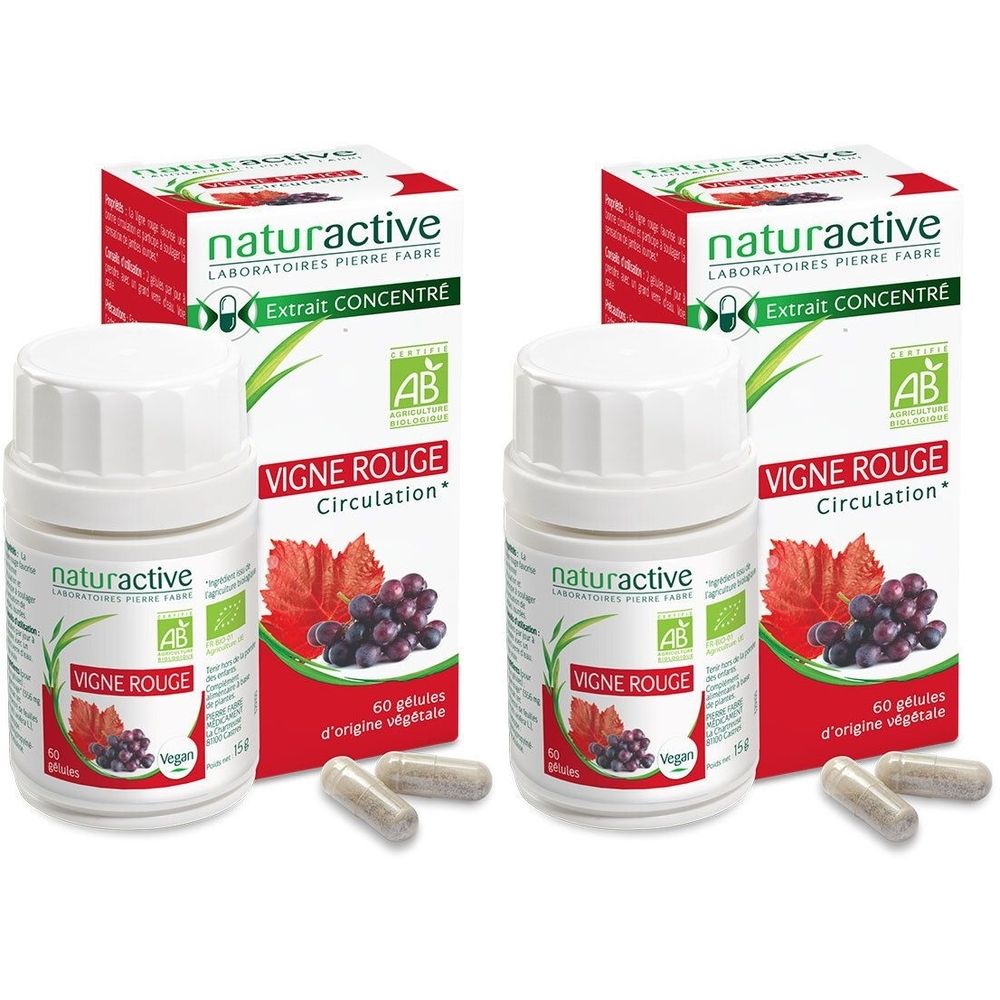 Deux flacons et deux boîtes de compléments alimentaires. Inscription : Vigne Rouge, label AB, 60 gélules.
