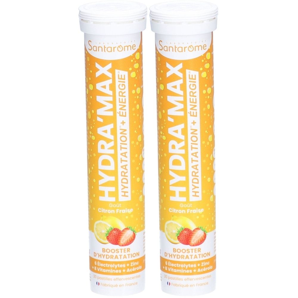 Deux tubes cylindriques Santarome Hydra'Max. Étiquettes jaunes avec nom du produit, illustrations de citron et fraise. Contient électrolytes et vitamines.