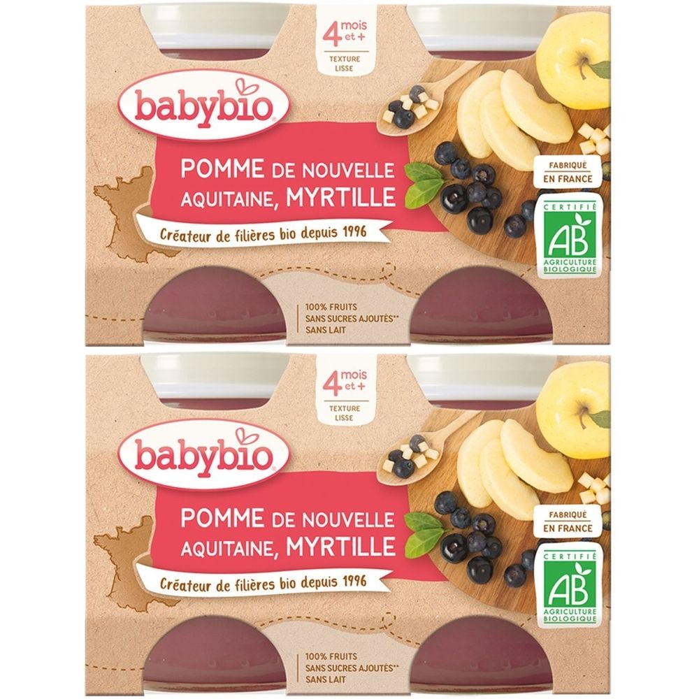 Verpackung mit Babybio-Produkt. Aufschrift: POMME DE NOUVELLE AQUITAINE, MYRTILLE. Bio-Zertifizierung. Ab 4 Monaten.