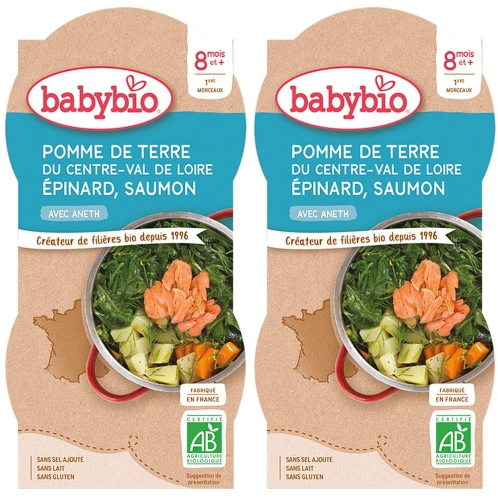 Zwei Babybio-Verpackungen. Aufschrift: POMME DE TERRE, ÉPINARD, SAUMON. Bio-Zertifizierung. Ab 8 Monaten.