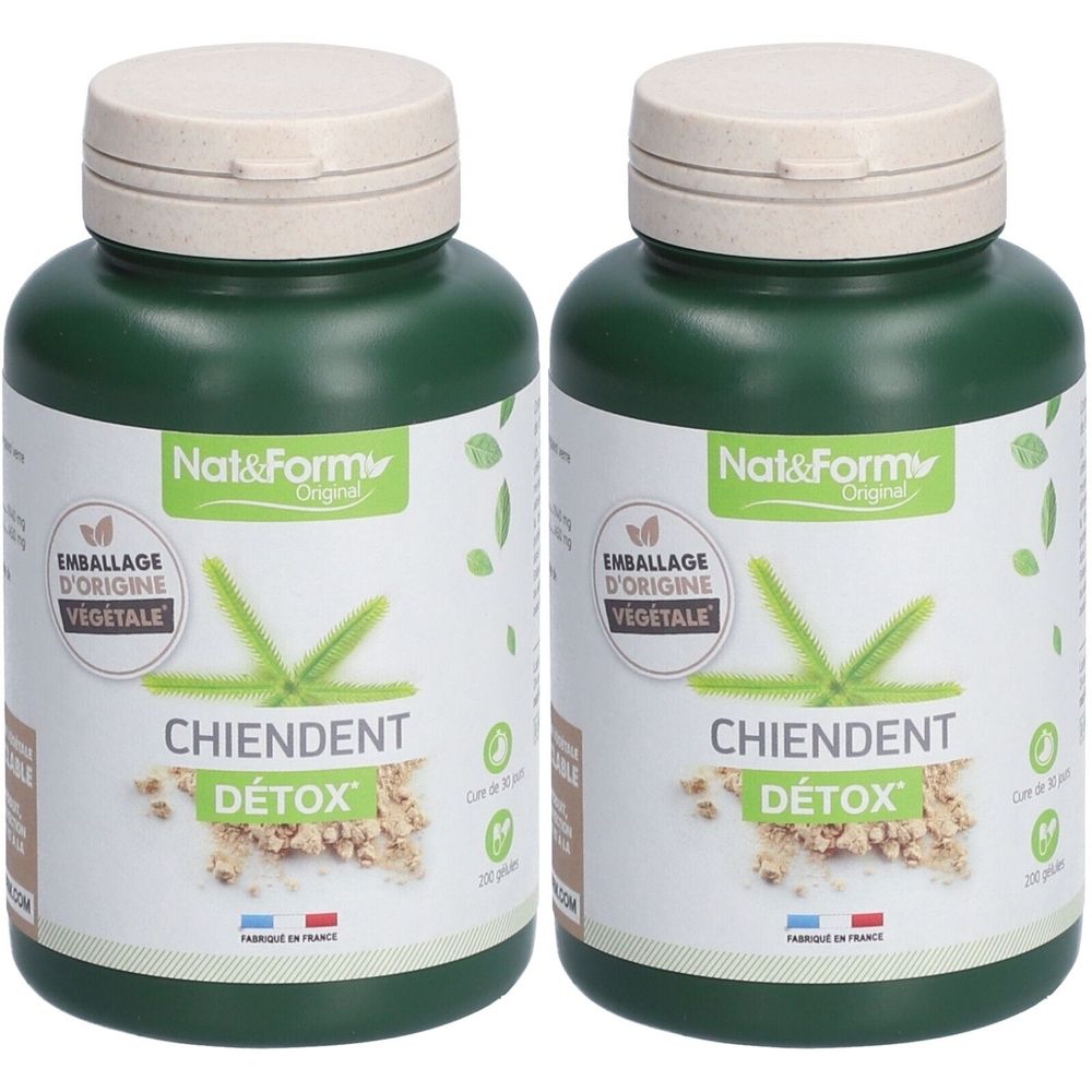 Deux flacons verts avec couvercles blancs. Inscription: Nat&Form, CHIENDENT DÉTOX. Emballage d'origine végétale. Fabriqué en France.