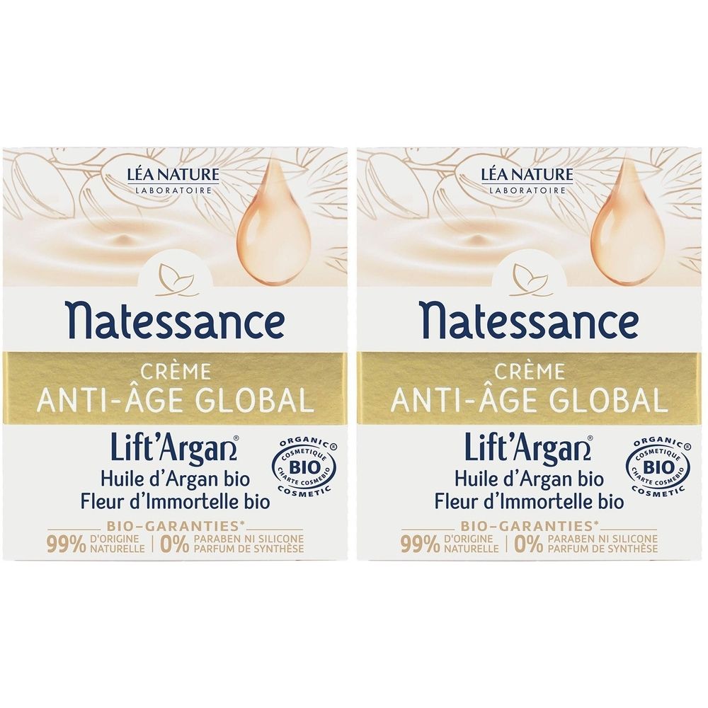 Deux crèmes Natessance Crème Anti-Âge Global Lift'Argan. Certification bio. 99% d'ingrédients naturels. Sans silicone.