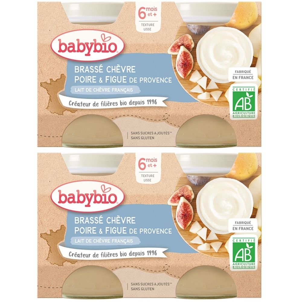 Verpackung mit zwei Babybio-Produkten. Aufschrift: BRASSÉ CHÈVRE POIRE & FIGUE DE PROVENCE. AB-Bio-Siegel. 6+ mois.