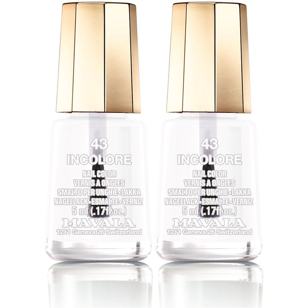 Zwei Flaschen Nagellack. Klare Flüssigkeit in Glasflaschen mit goldenen Deckeln. Aufschrift: INCOLORE, 5 ml, MAVALA.