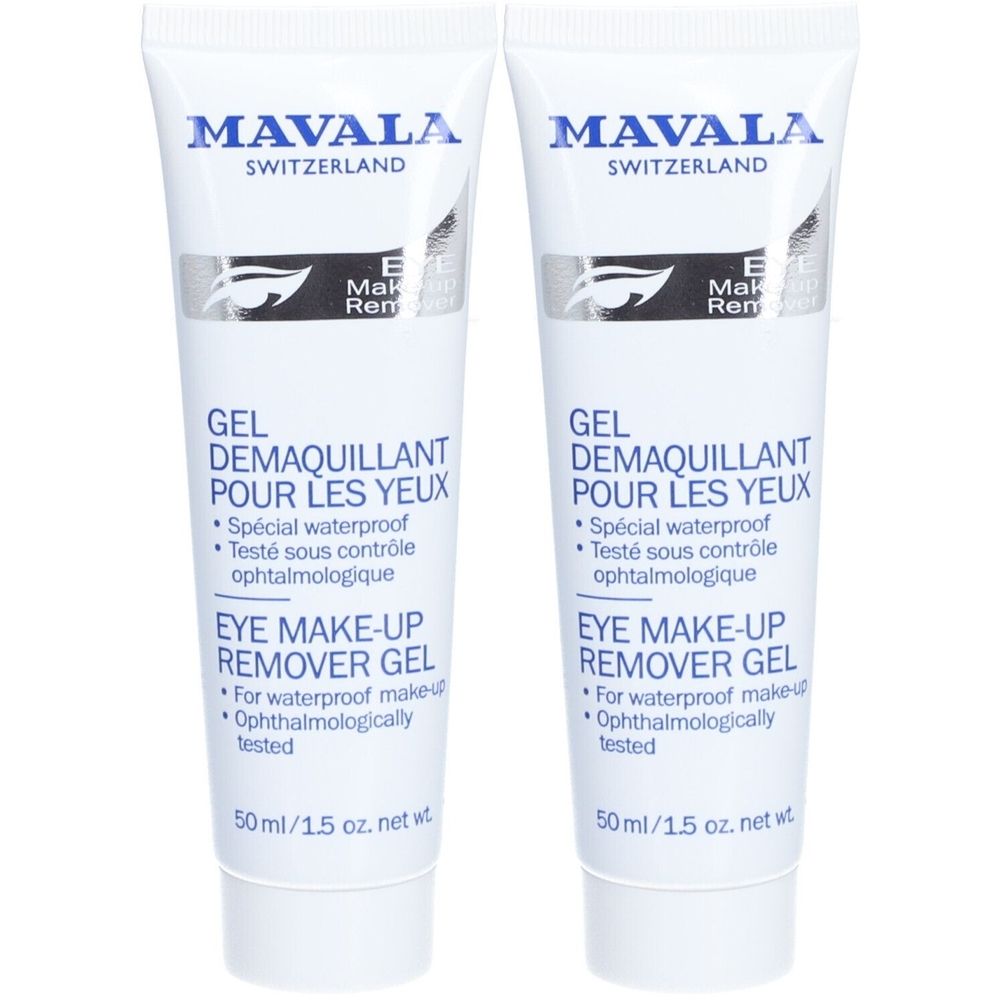 Zwei Tuben Augen-Make-up-Entferner-Gel. Weiß, mit blauer und silberner Schrift. Enthält Text in Französisch und Englisch. Marke: Mavala.