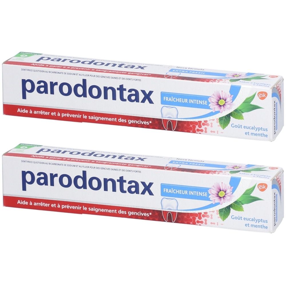 Deux tubes de dentifrice parodontax Fraîcheur Intense. Aide à arrêter et prévenir le saignement des gencives. Goût eucalyptus et menthe.