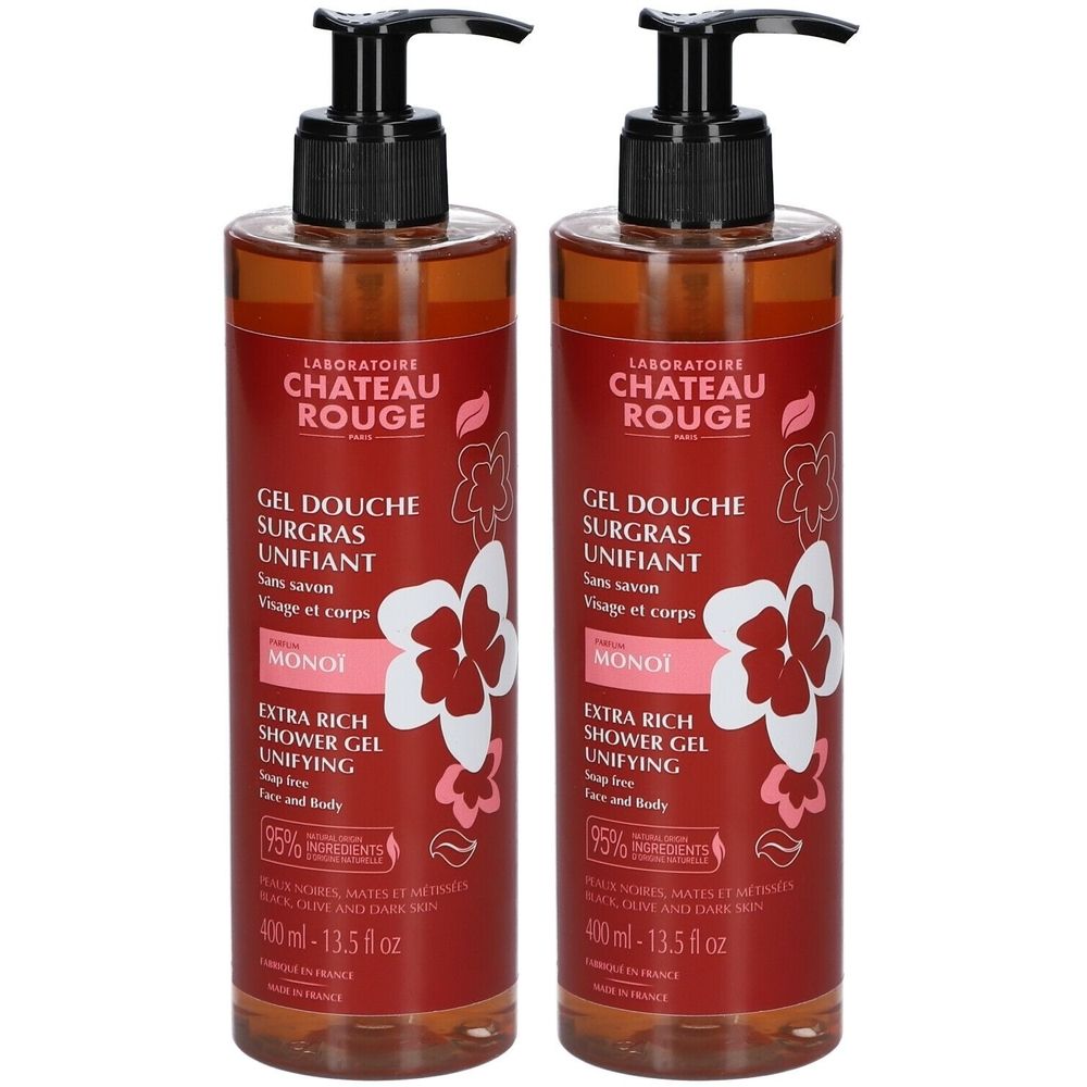Zwei Flaschen Duschgel mit schwarzem Pumpverschluss. Aufschrift: Château Rouge, Gel Douche Surgras Unifiant Monoï. Rote Flaschen mit weißen Blüten.