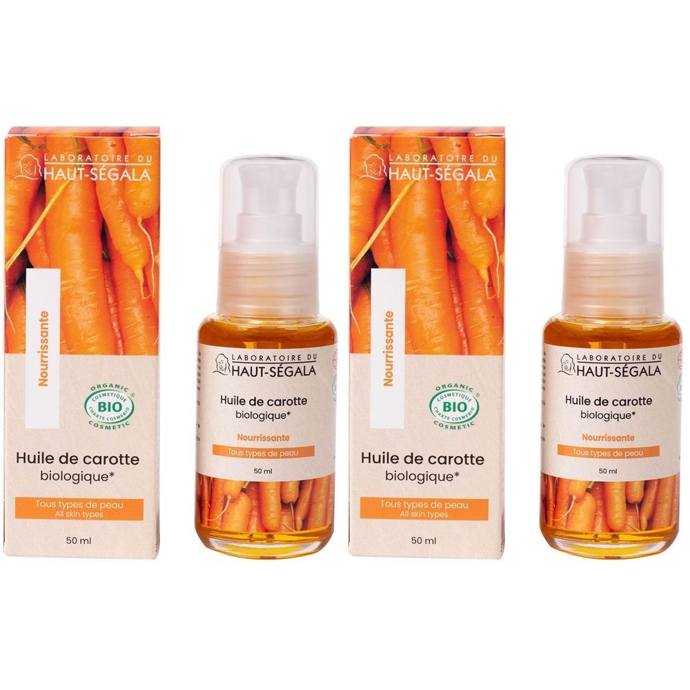 Drei Flaschen und Verpackungen. Aufschrift: Huile de carotte biologique. Bio-Zertifizierung. Orangefarbenes Öl mit Pumpverschluss.