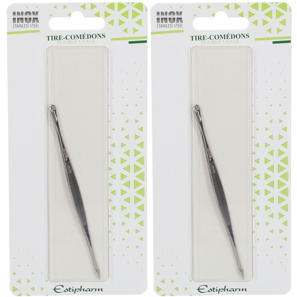 Zwei Edelstahl-Tire-Comédons in Blisterverpackung. Marke: Estipharm. Text: Tire-Comédons.