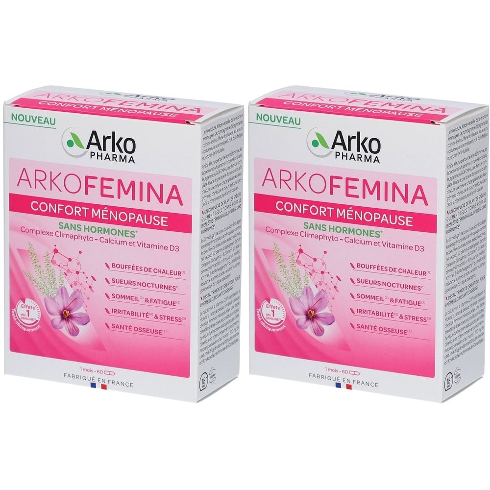Deux boîtes Arkopharma Arko Femina. Emballage rose et blanc avec nom et logo du produit. Contient des informations sur les ingrédients.