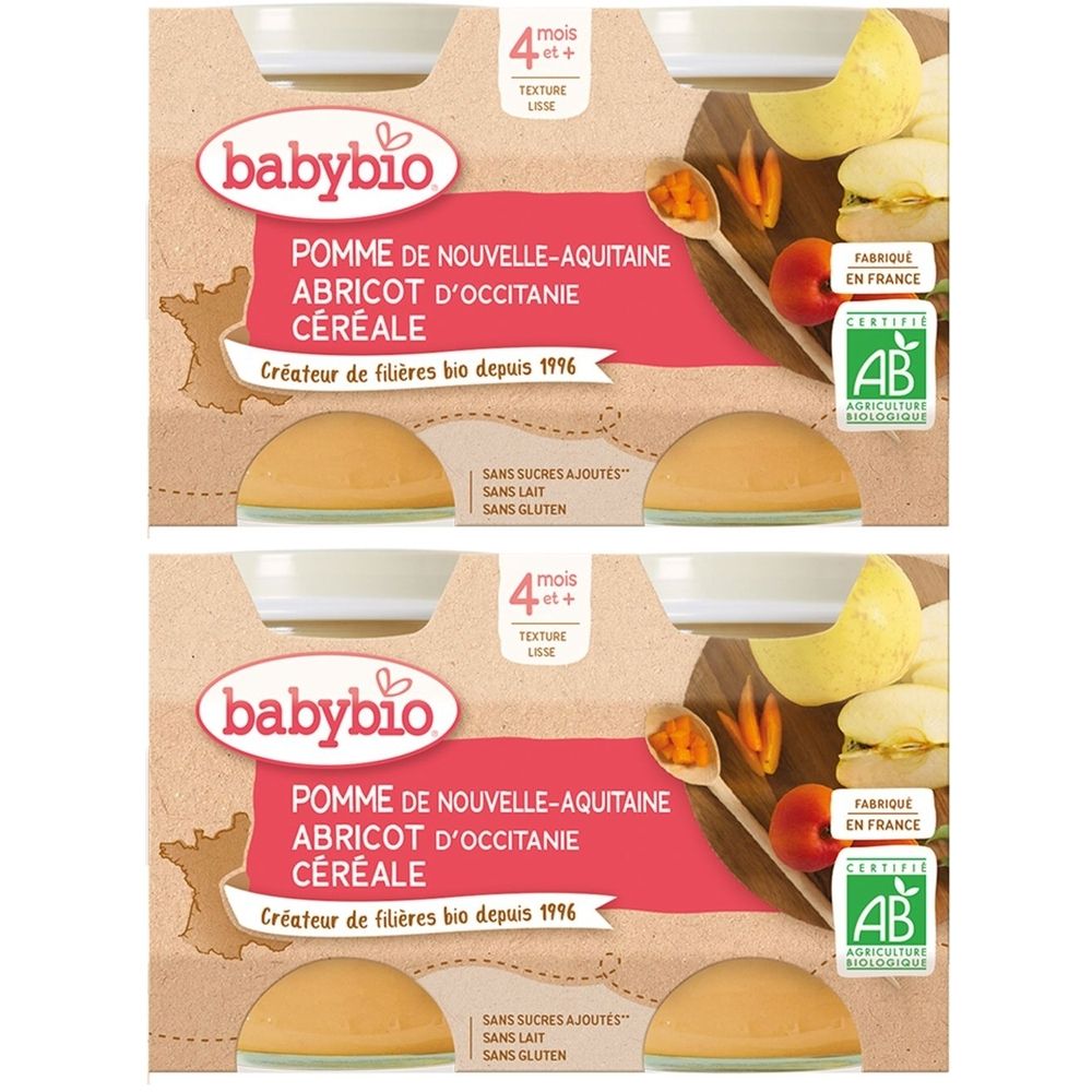 Verpackung mit zwei Babybio-Produkten. Aufdruck: Apfel, Aprikose, Getreide. Bio-Zertifizierung. Hergestellt in Frankreich. Für Babys ab 4 Monaten.