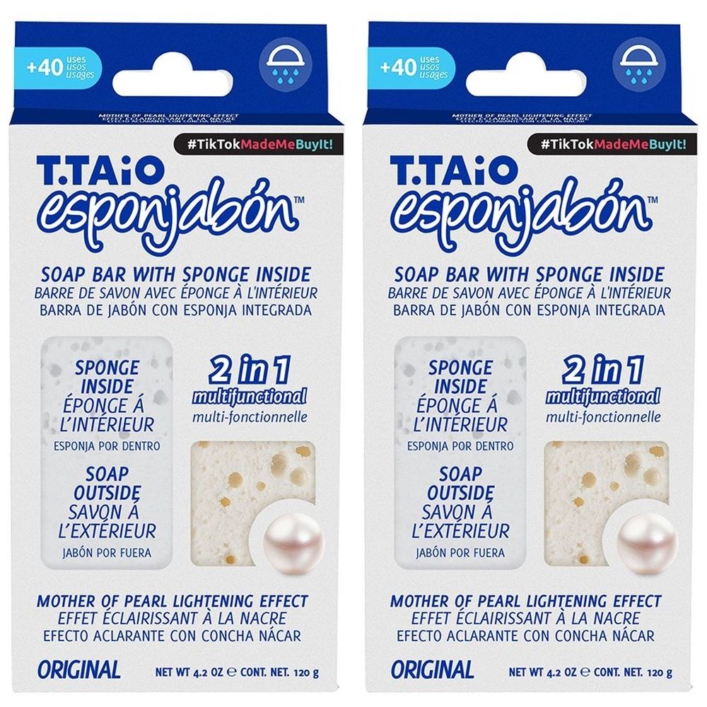 Zwei Verpackungen mit Seife und Schwamm. Aufschrift: esponjabón, 2 in 1, Perlenextrakt. Originalverpackung.